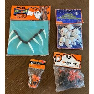 Vtg Halloween Decor Lot Mr Halloween Glow Jewelry Skull Ornaments Spider Rings